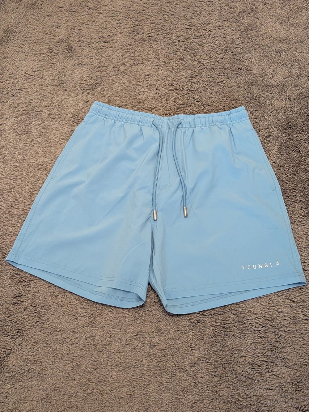 YoungLA Pastel Blue Swim Trunks with White Logo